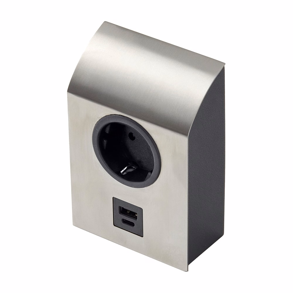 Eluttag mini Born 1st el, 1st USB A, 1st USB C rostfri look